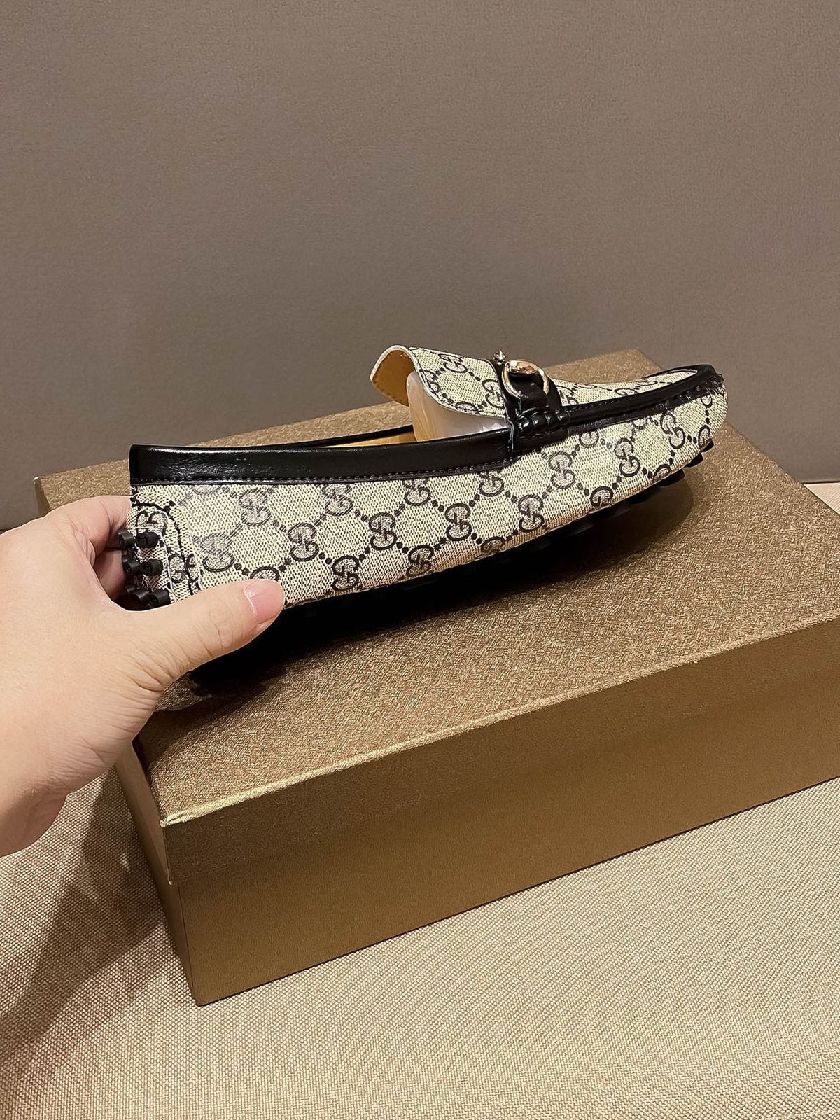 Gucci Beige and Black Gold-Hardware Loafers — side