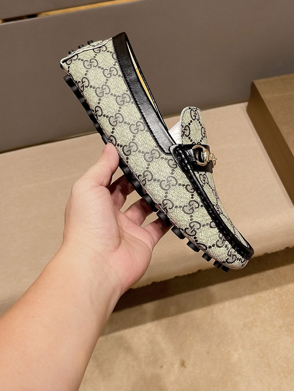 Gucci Beige and Black Gold-Hardware Loafers — back
