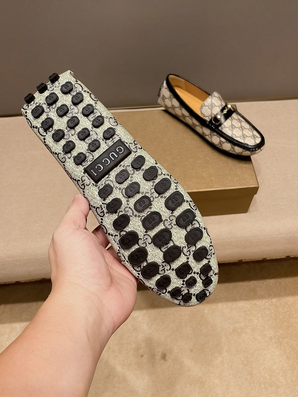 Gucci Beige and Black Gold-Hardware Loafers — back