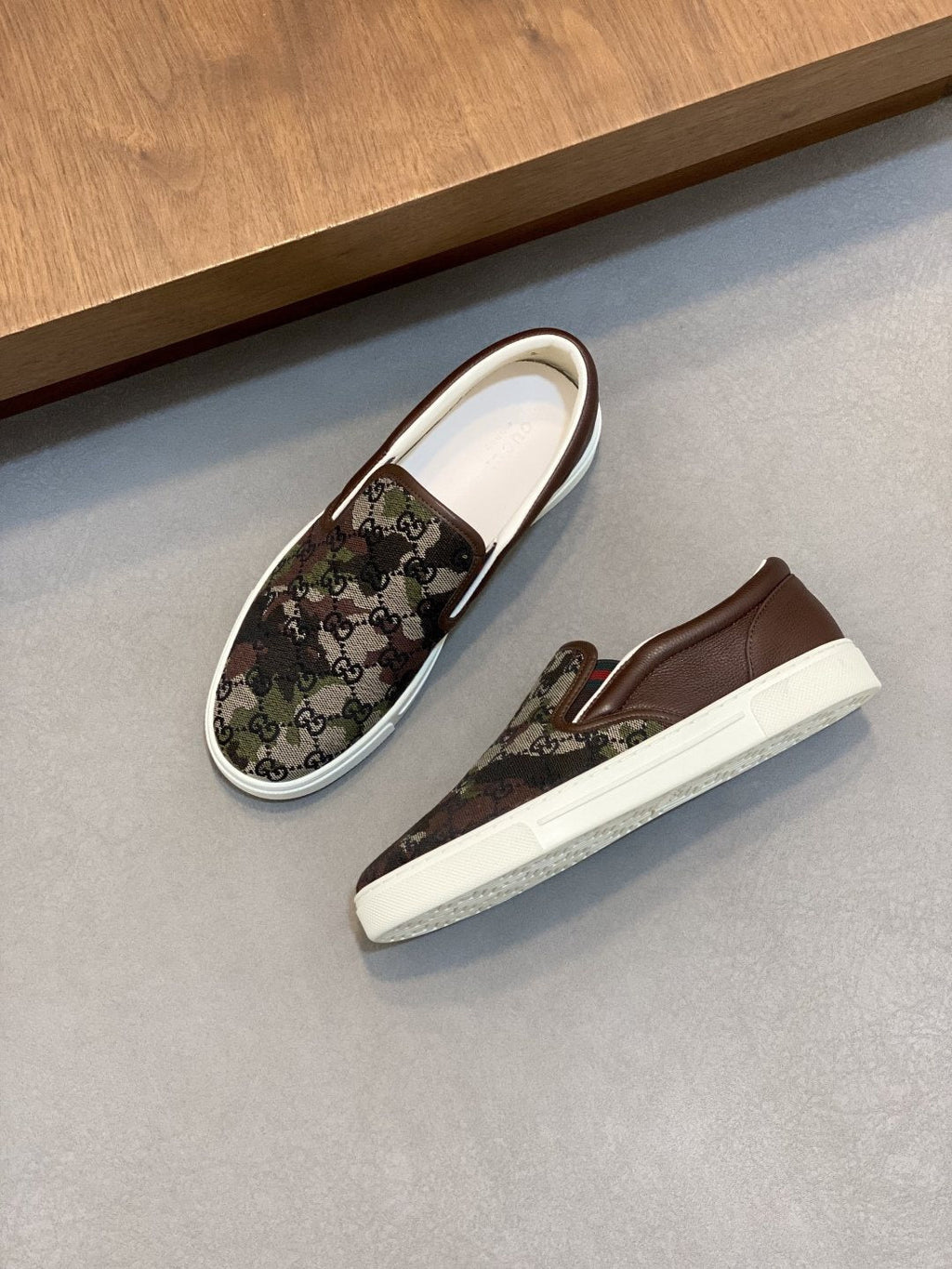 Gucci Dark Brown Patterned Slip-On Sneakers — front