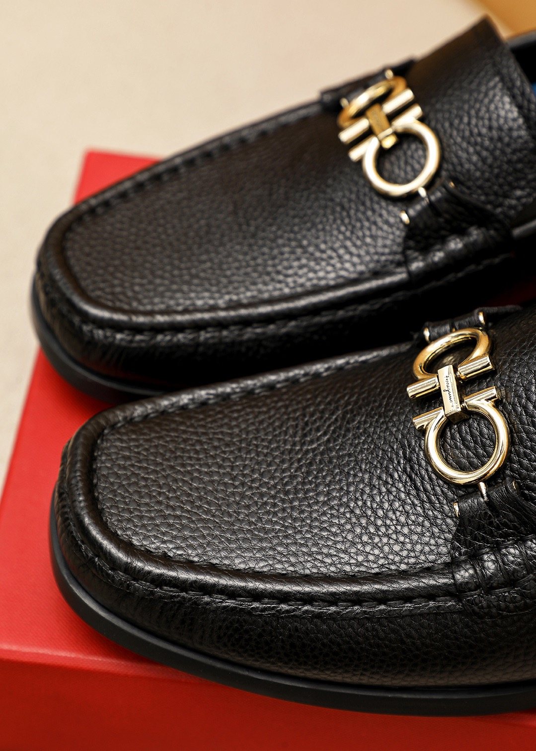 Ferragamo Black Textured Leather Loafers — detail