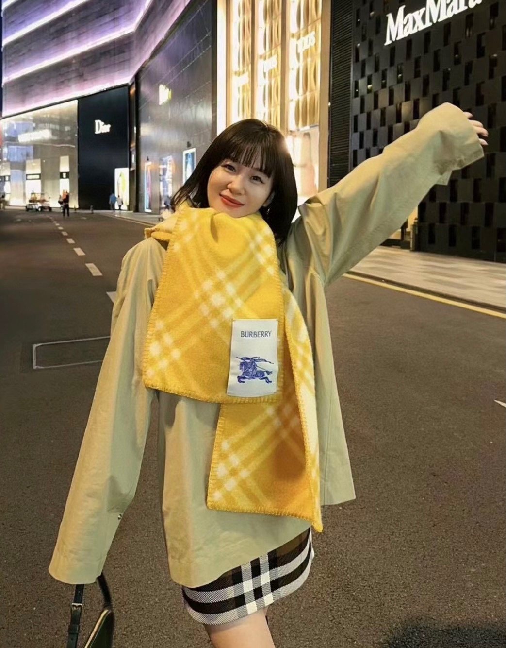 Burberry Yellow Plaid Fringe Scarf — model