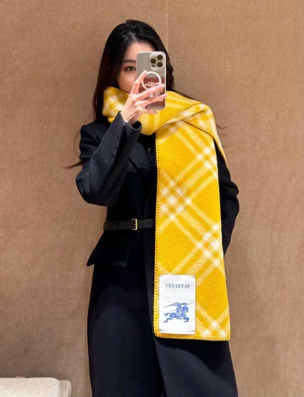 Burberry Yellow Plaid Fringe Scarf — model