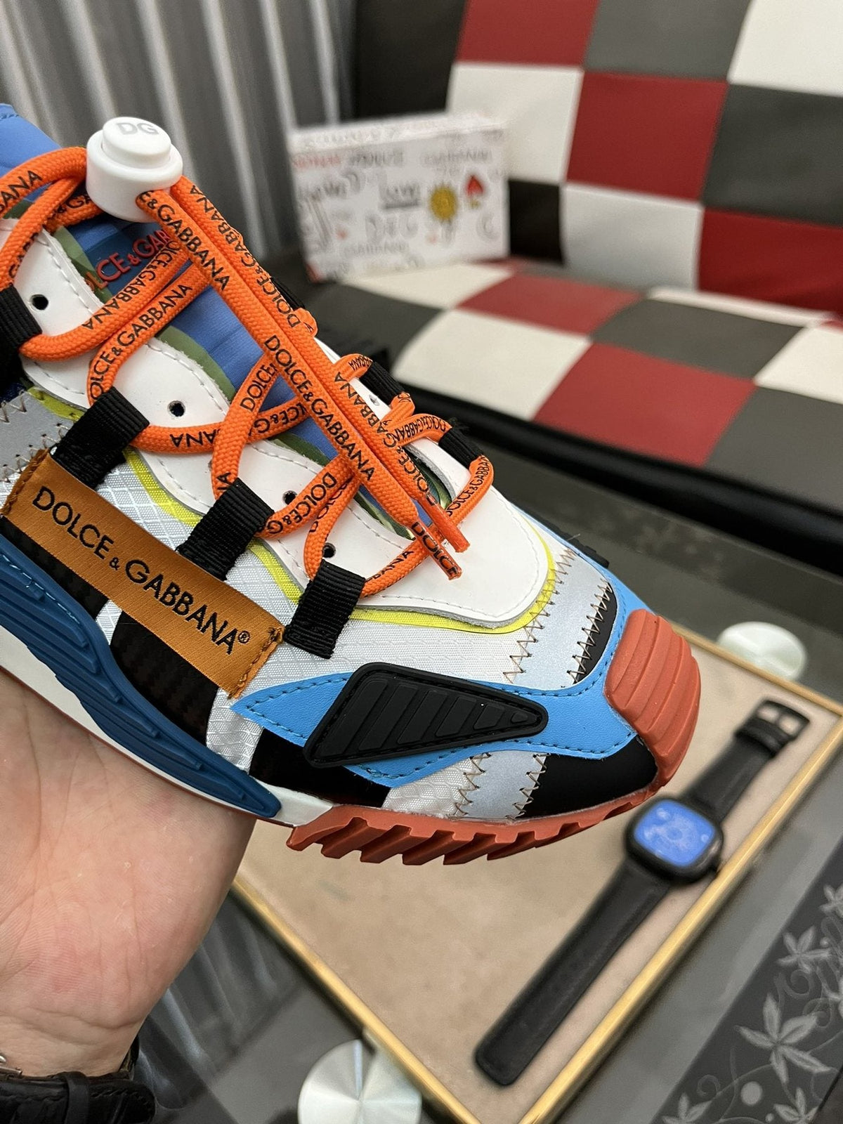 Dolce & Gabbana Colorblock Sneakers with Orange Laces — detail