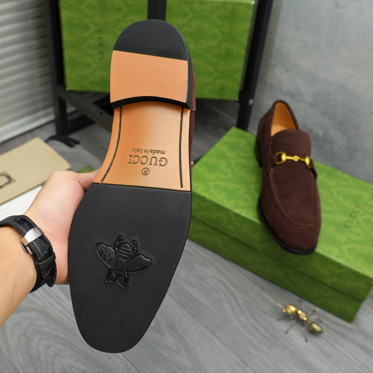 Gucci Dark Brown Horsebit Loafers — detail