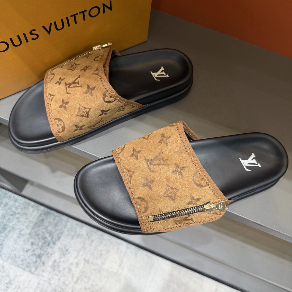 Louis Vuitton Tan Monogram Slide Sandals — front