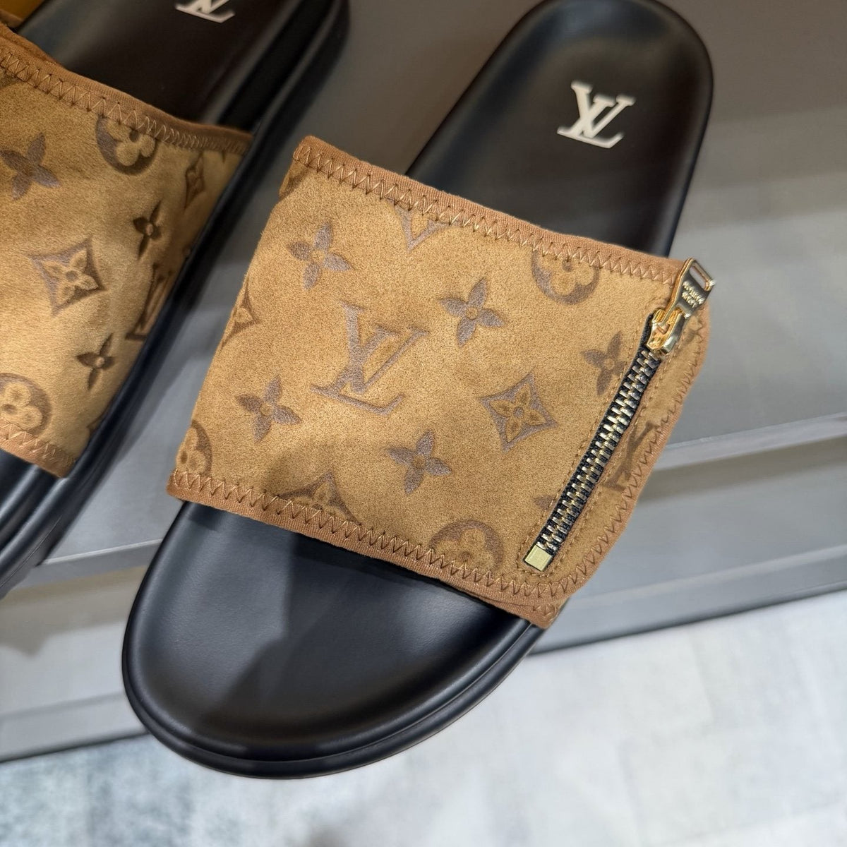 Louis Vuitton Tan Monogram Slide Sandals — side