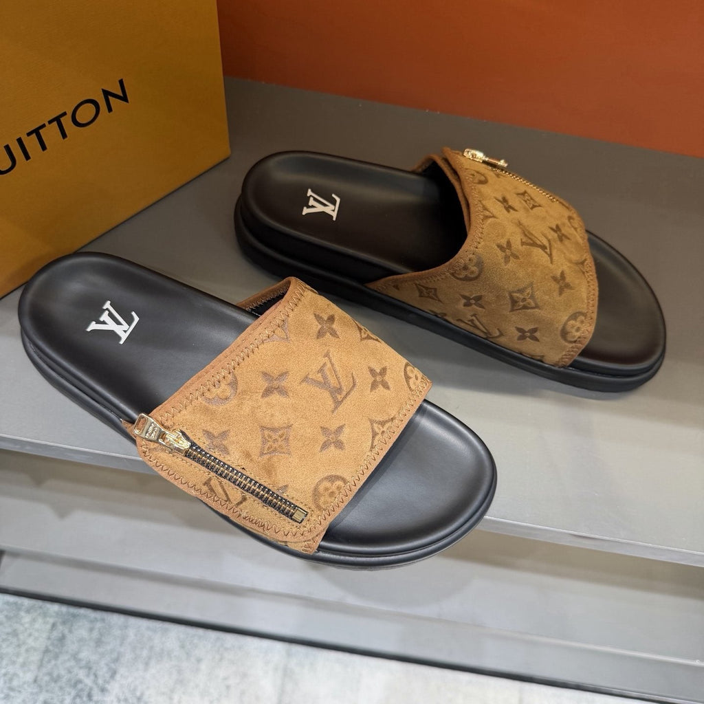 Louis Vuitton Tan Monogram Slide Sandals — front