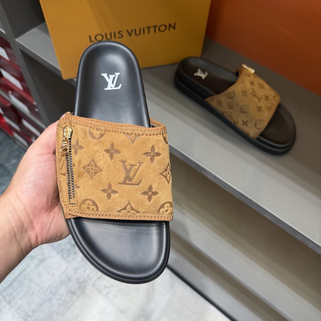 Louis Vuitton Tan Monogram Slide Sandals — side
