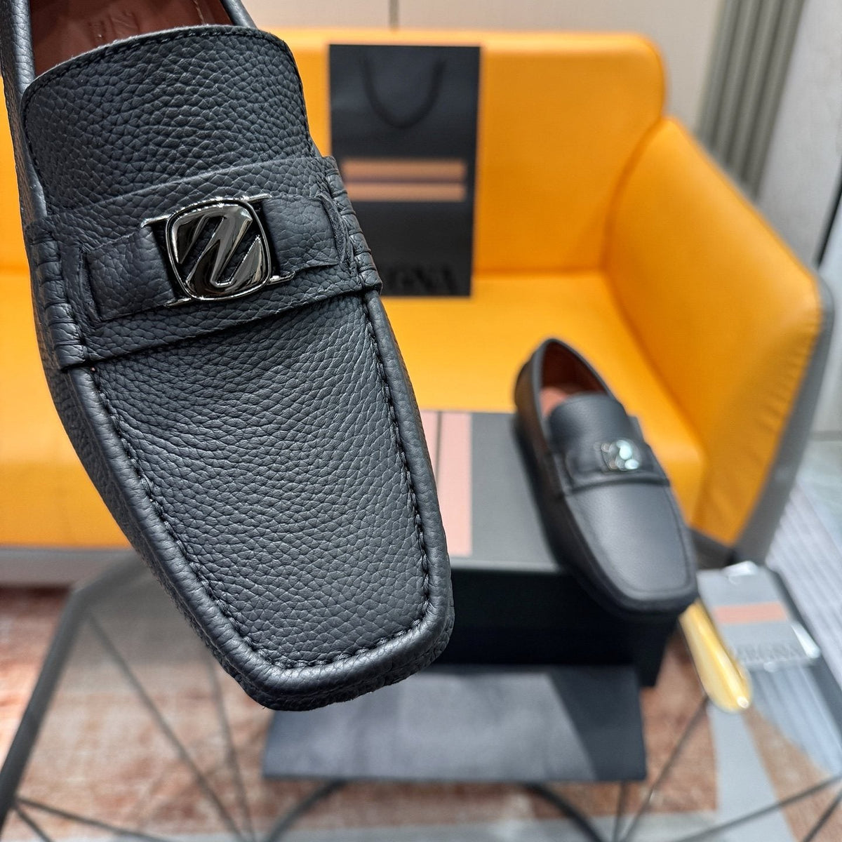 Zegna Black Driving Loafers with Metal Accent — detail