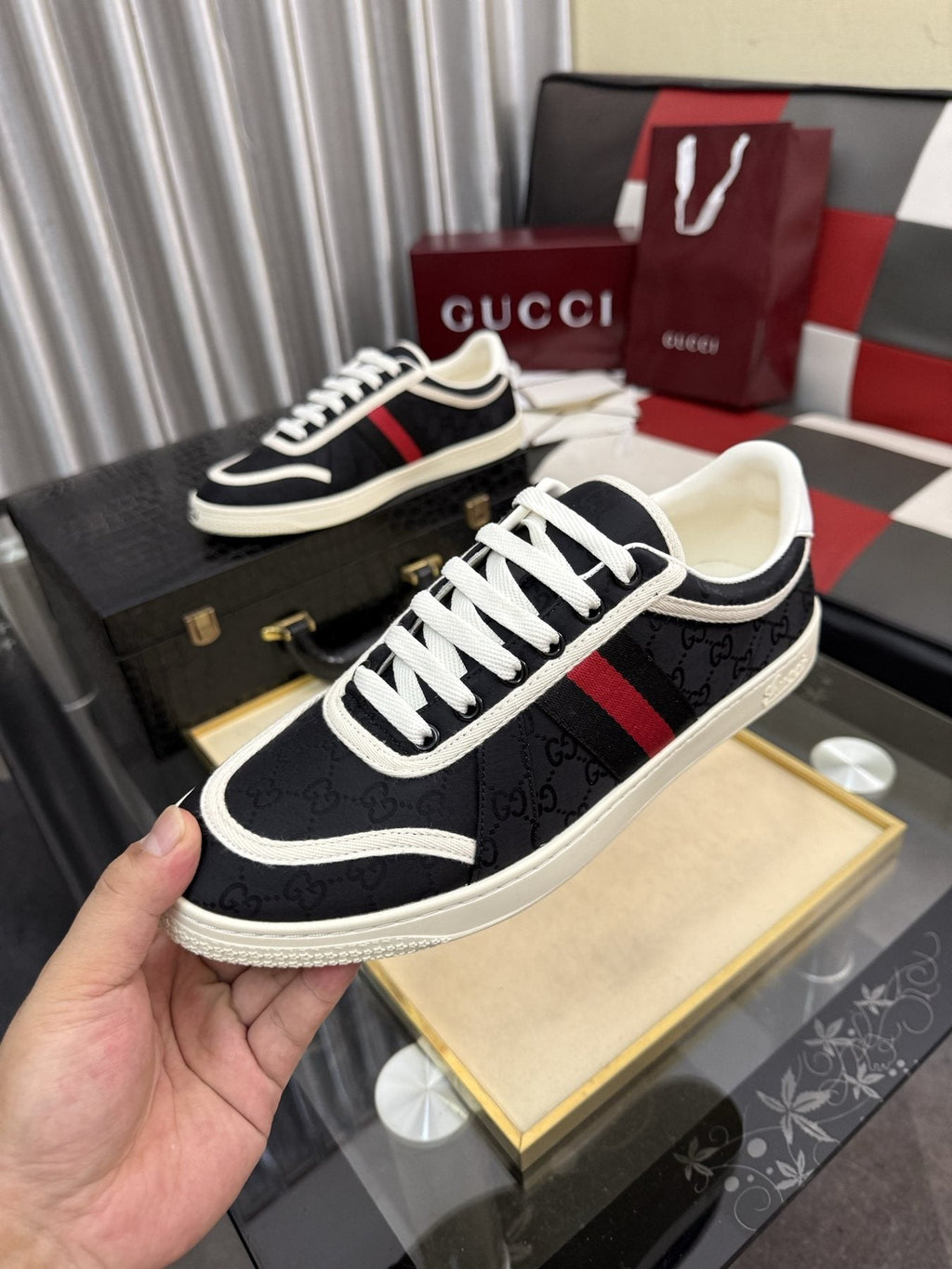 Gucci Black Sneakers with Red and Green Stripe — model