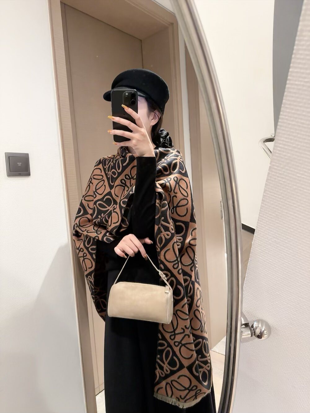 Loewe Reversible Anagram Fringe Scarf — model