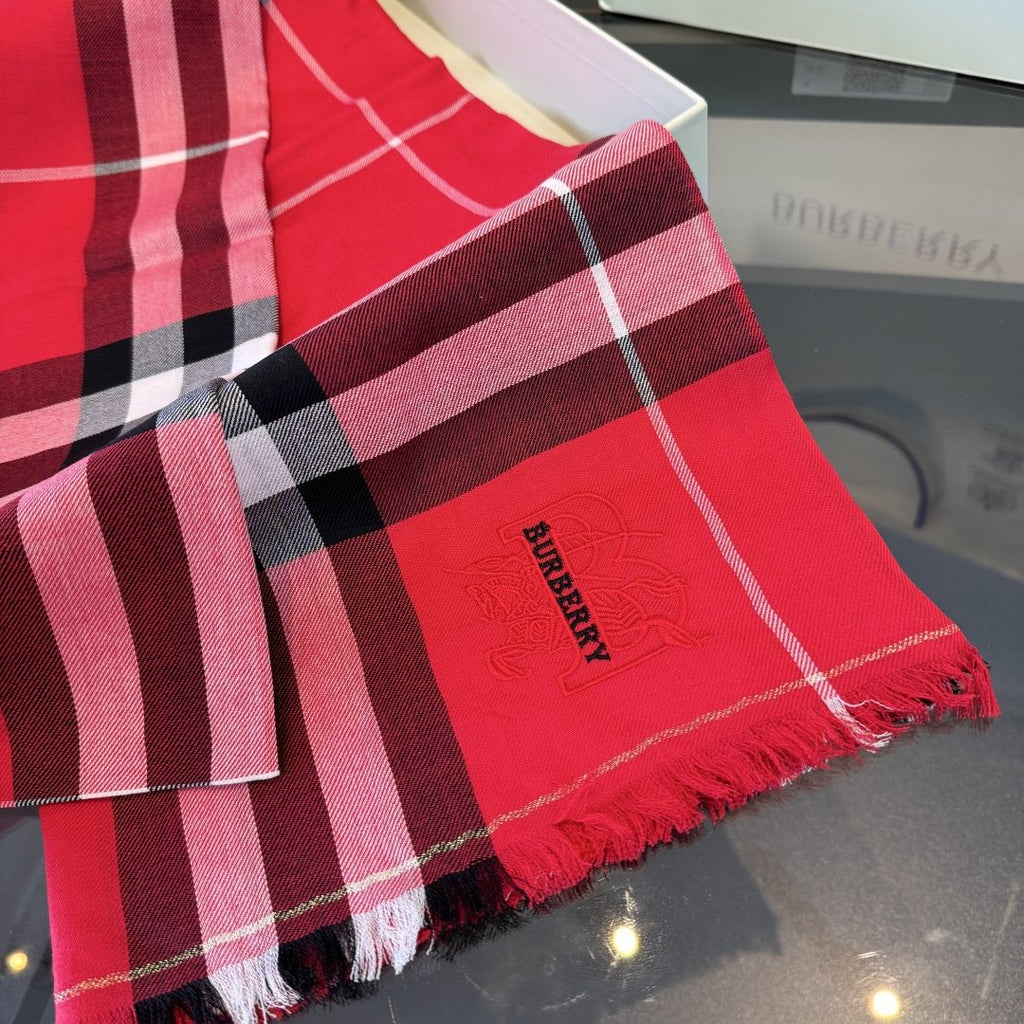Burberry Red Plaid Fringe Scarf — detail