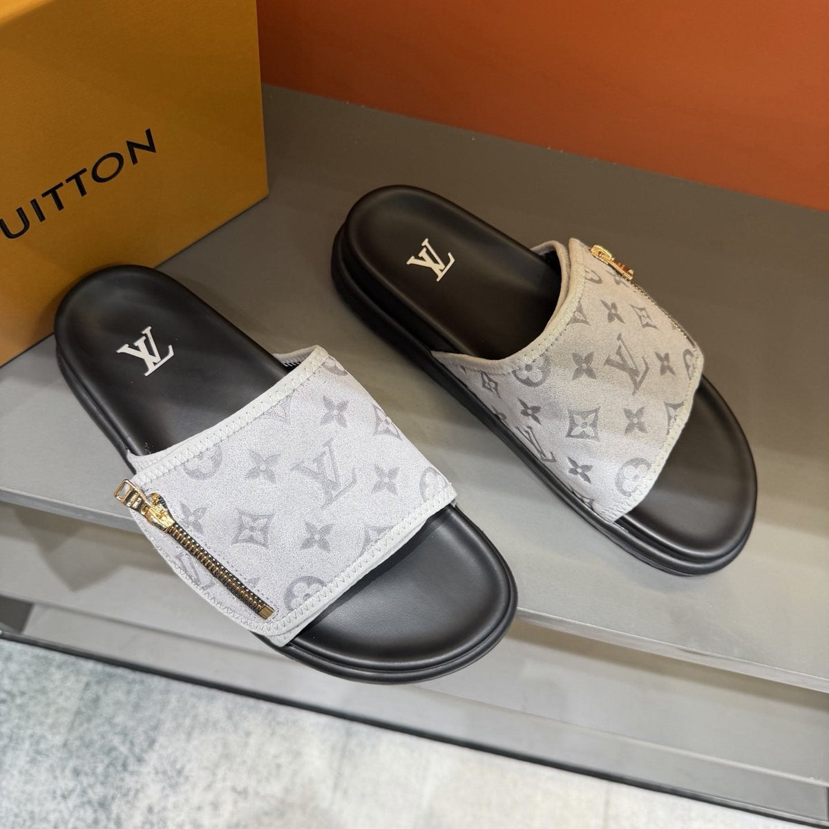 Louis Vuitton White Monogram Slide Sandals — front