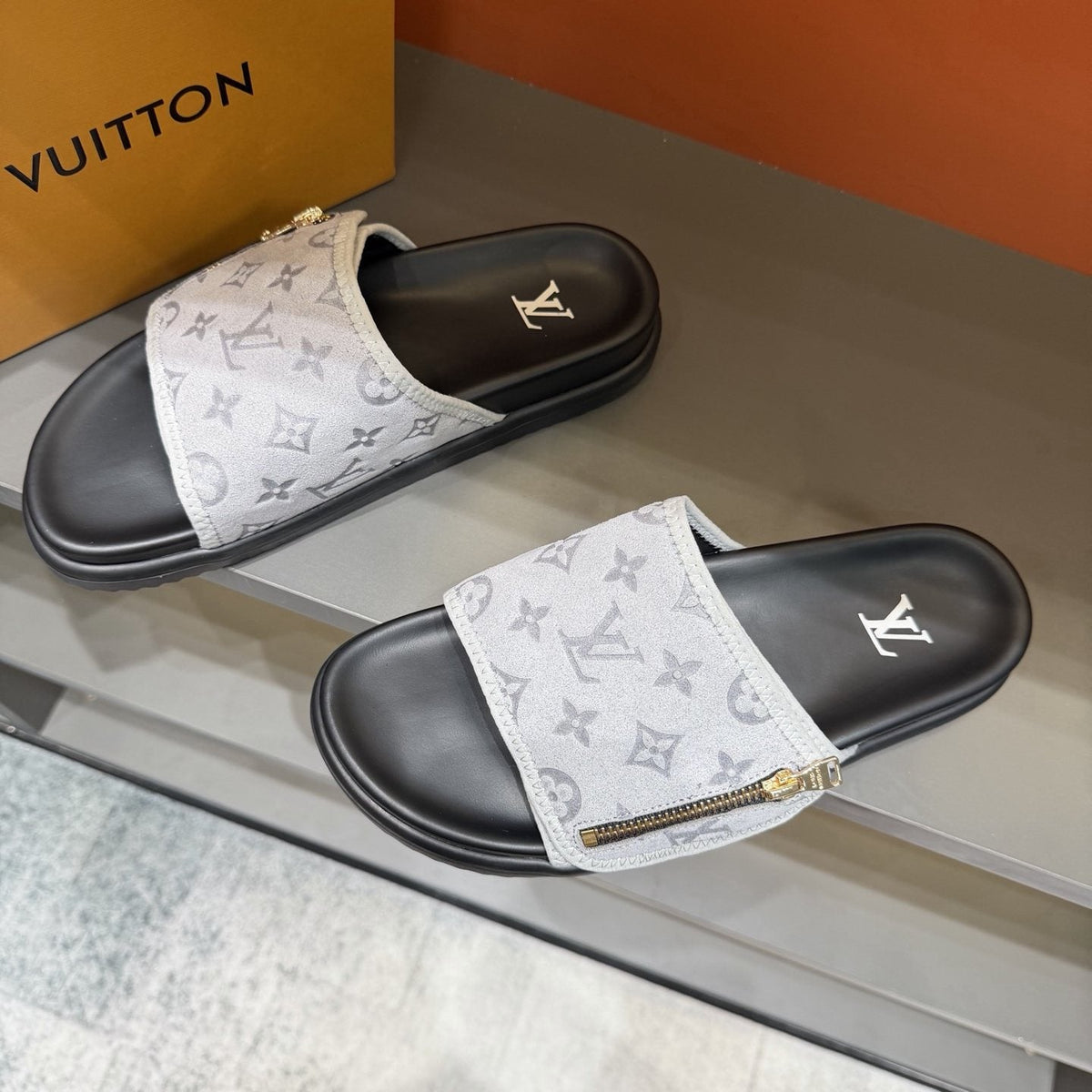 Louis Vuitton White Monogram Slide Sandals — front