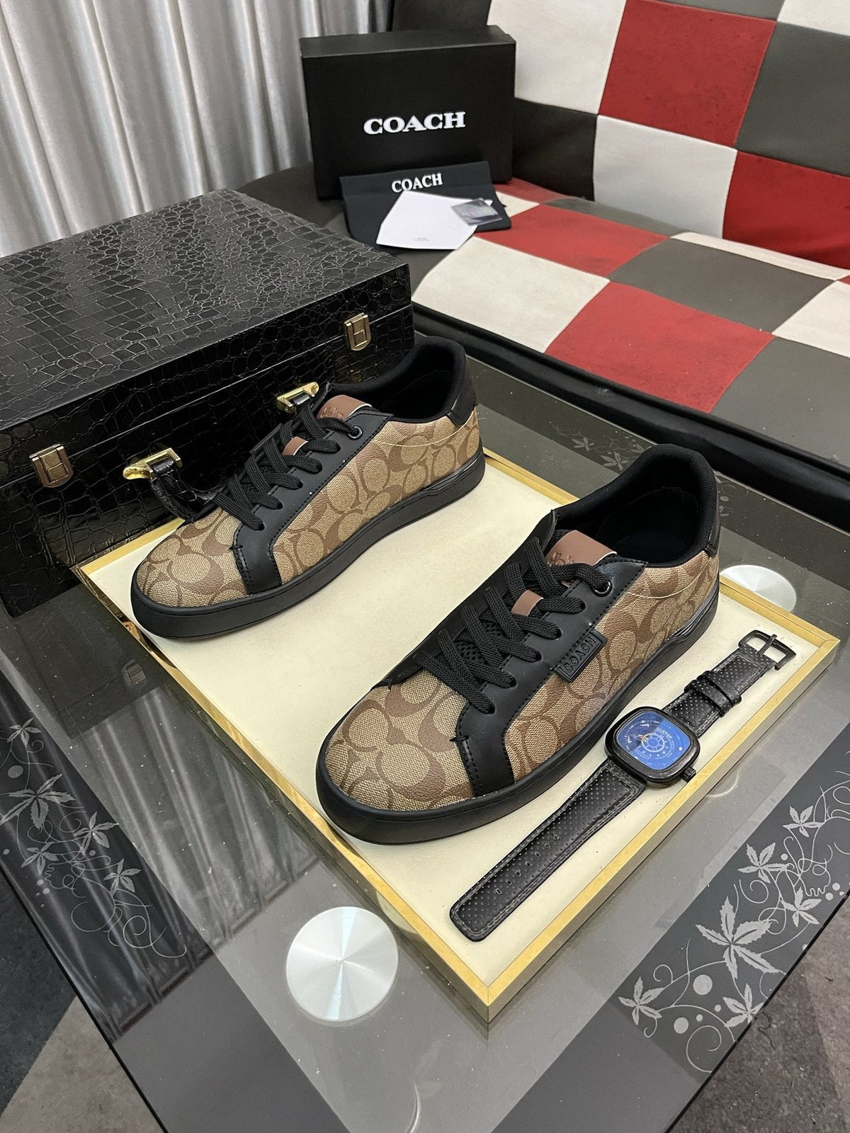 Coach Brown and Black Patterned Low-Top Sneakers — front