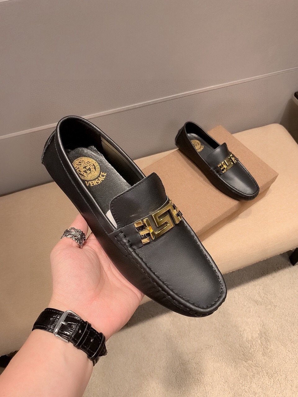 Versace Black Gold-Hardware Loafers — front