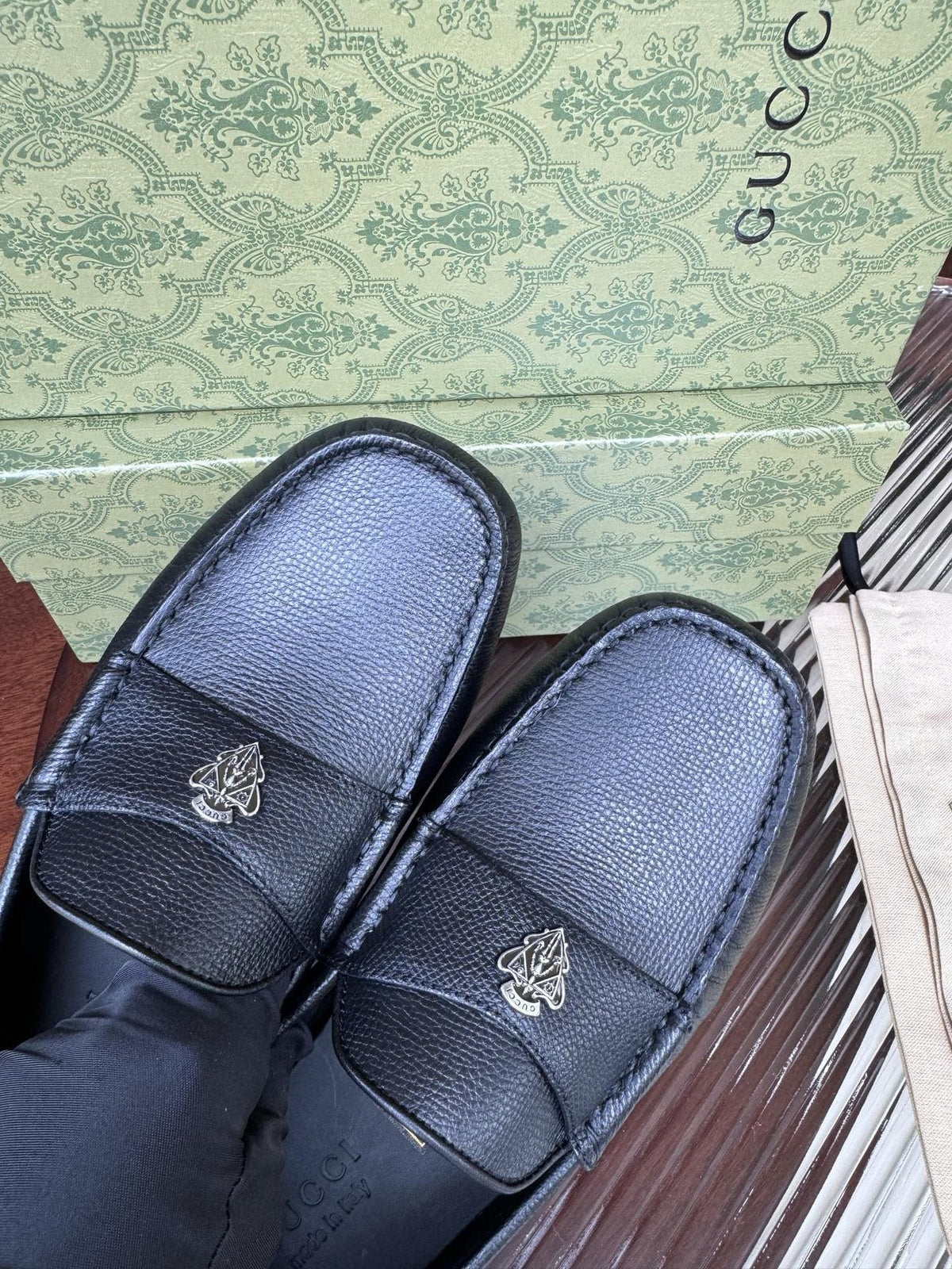 Gucci Black Bee Driving Loafers — side