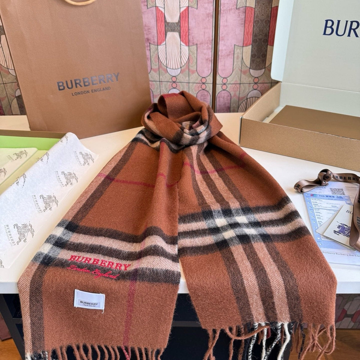 Burberry Brown Plaid Fringed Scarf — front