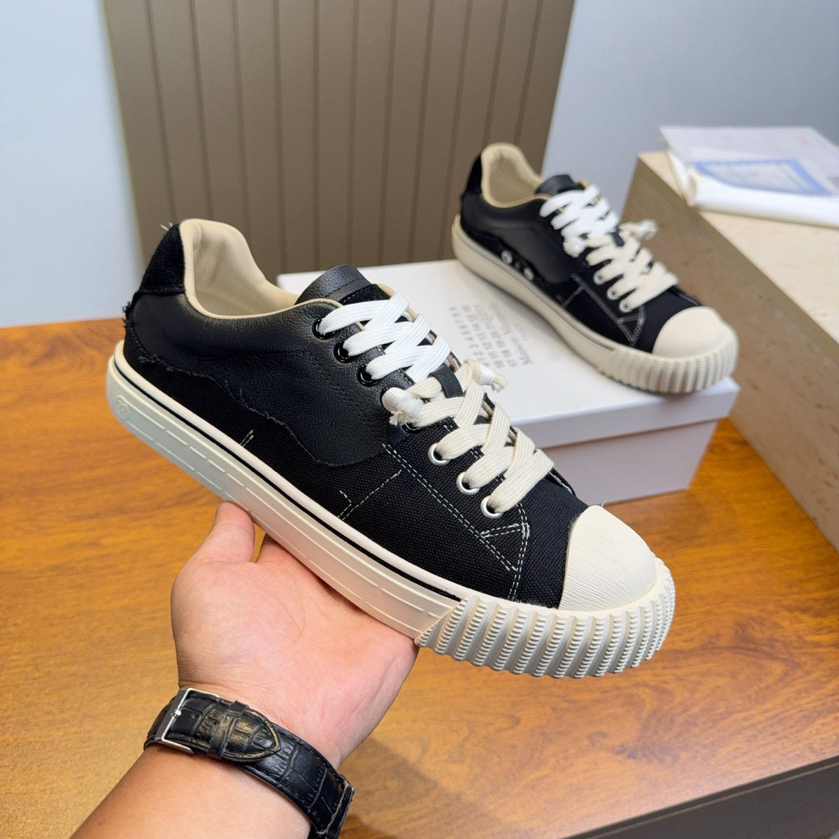 Maison Margiela Black and Off-White Low-Top Sneakers — side