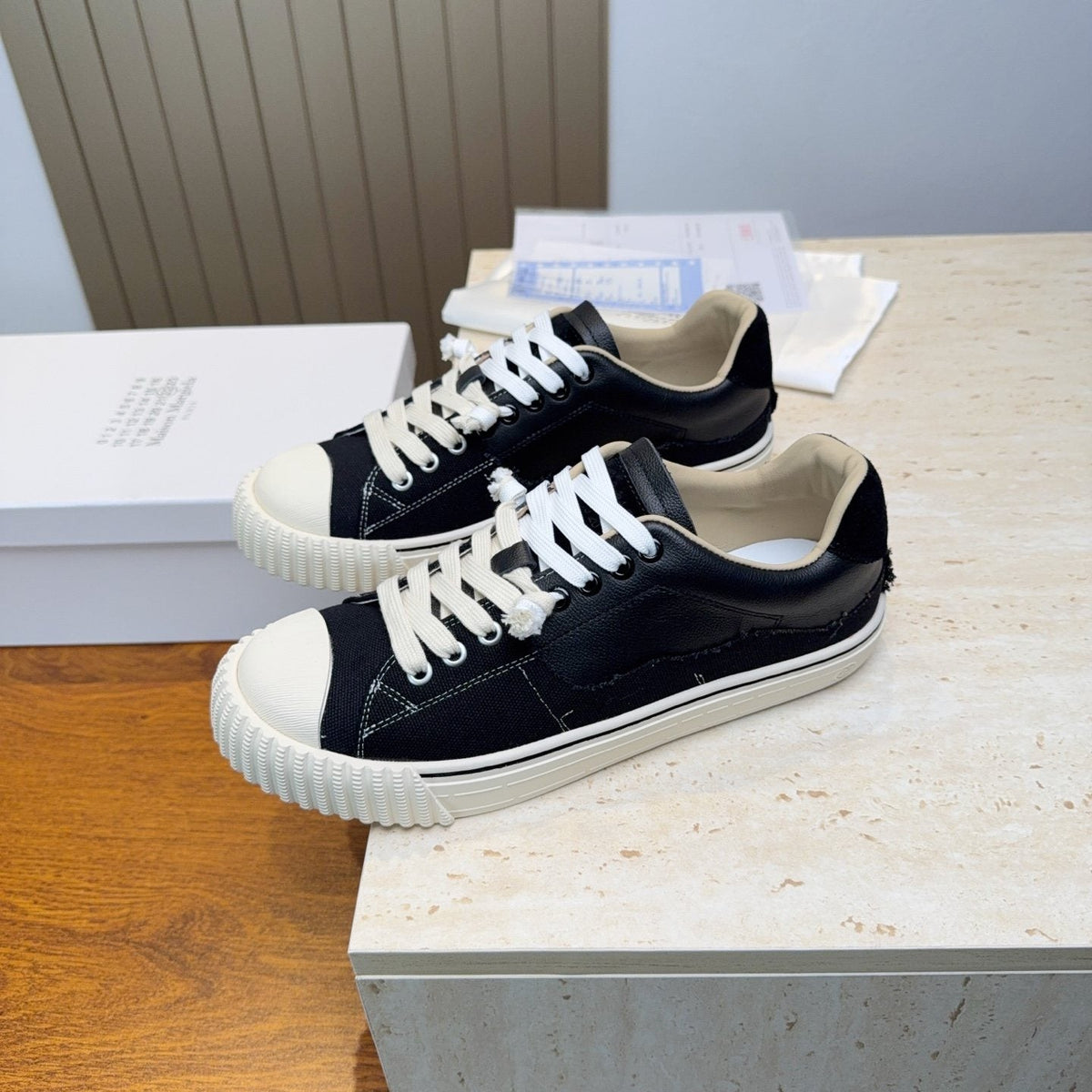 Maison Margiela Black and Off-White Low-Top Sneakers — front