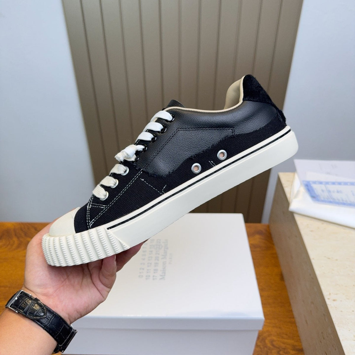 Maison Margiela Black and Off-White Low-Top Sneakers — side