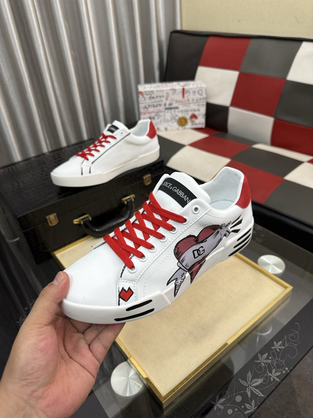Dolce & Gabbana Red Lace Graphic Sneakers — model