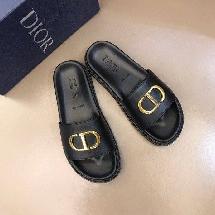 Dior Black Gold-Tone CD Slide Sandals — front
