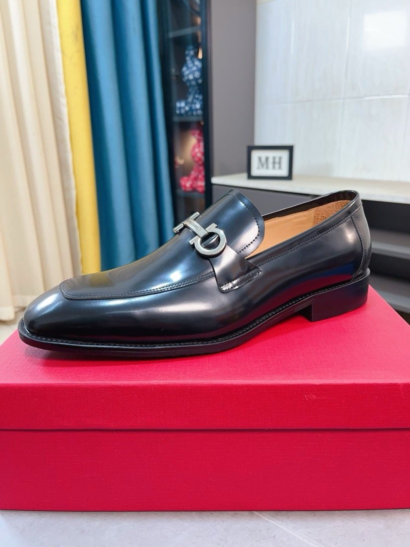 Ferragamo Black Hardware Loafers — front