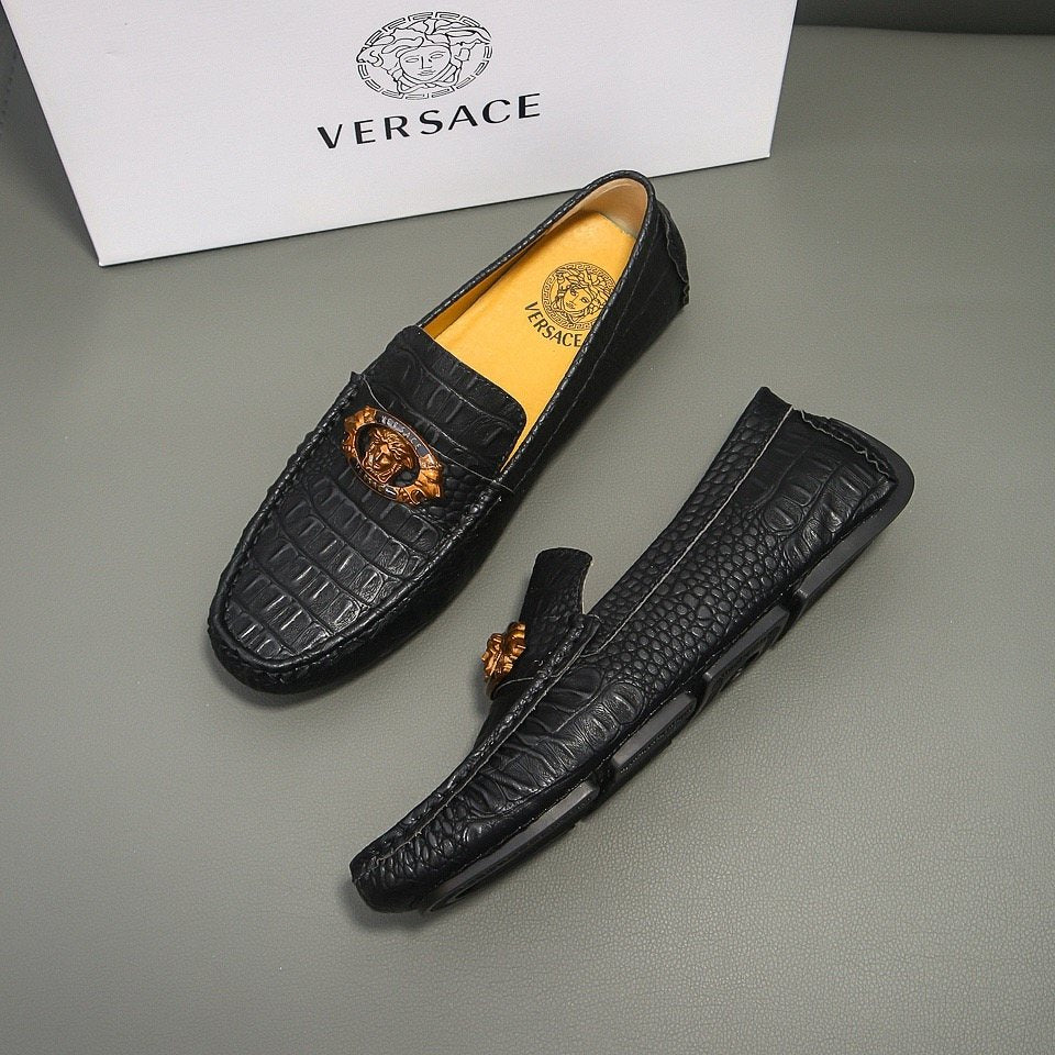 Men's Black Textured Loafers with Gold-Tone Ornament — side