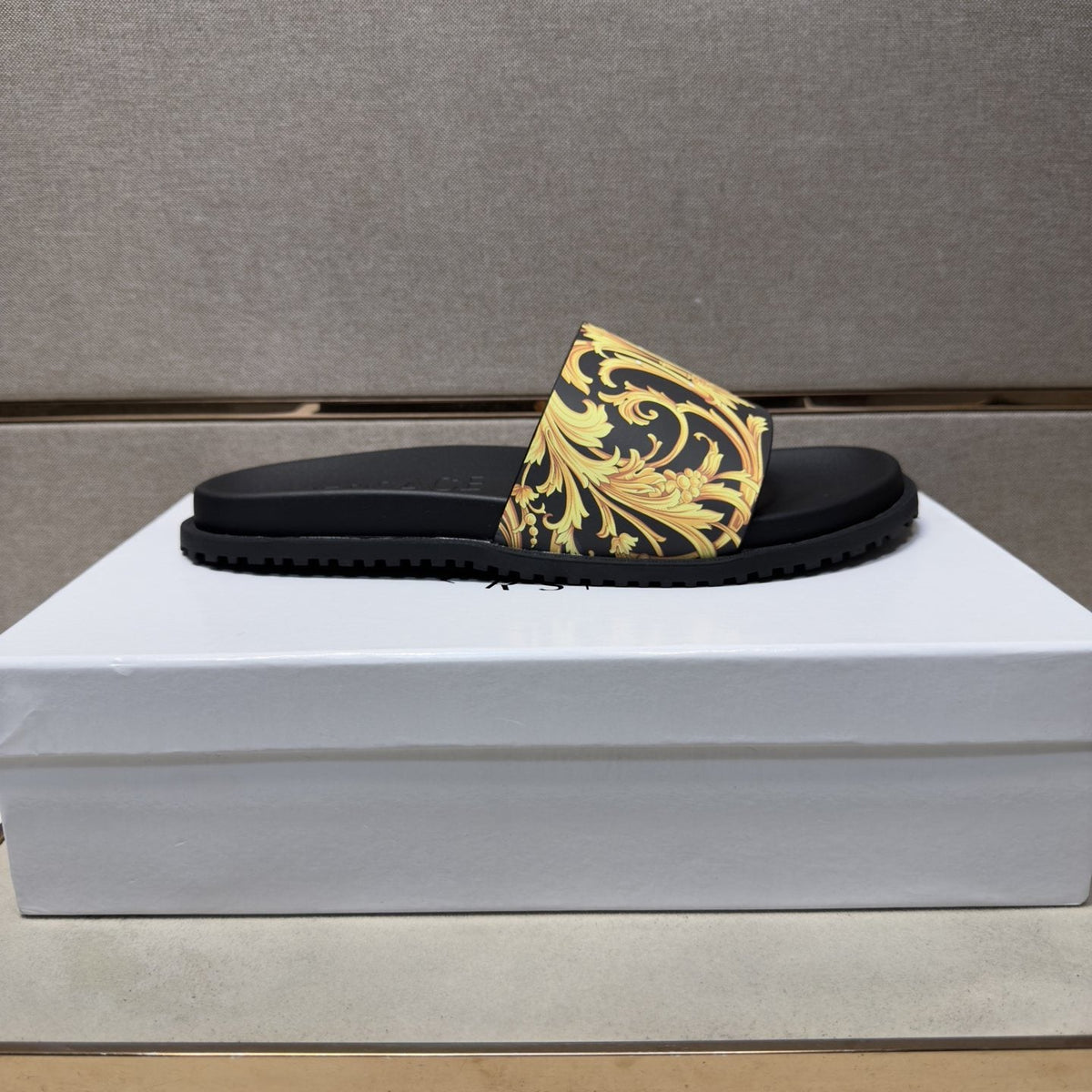 Versace Gold Patterned Strap Slide Sandals — front