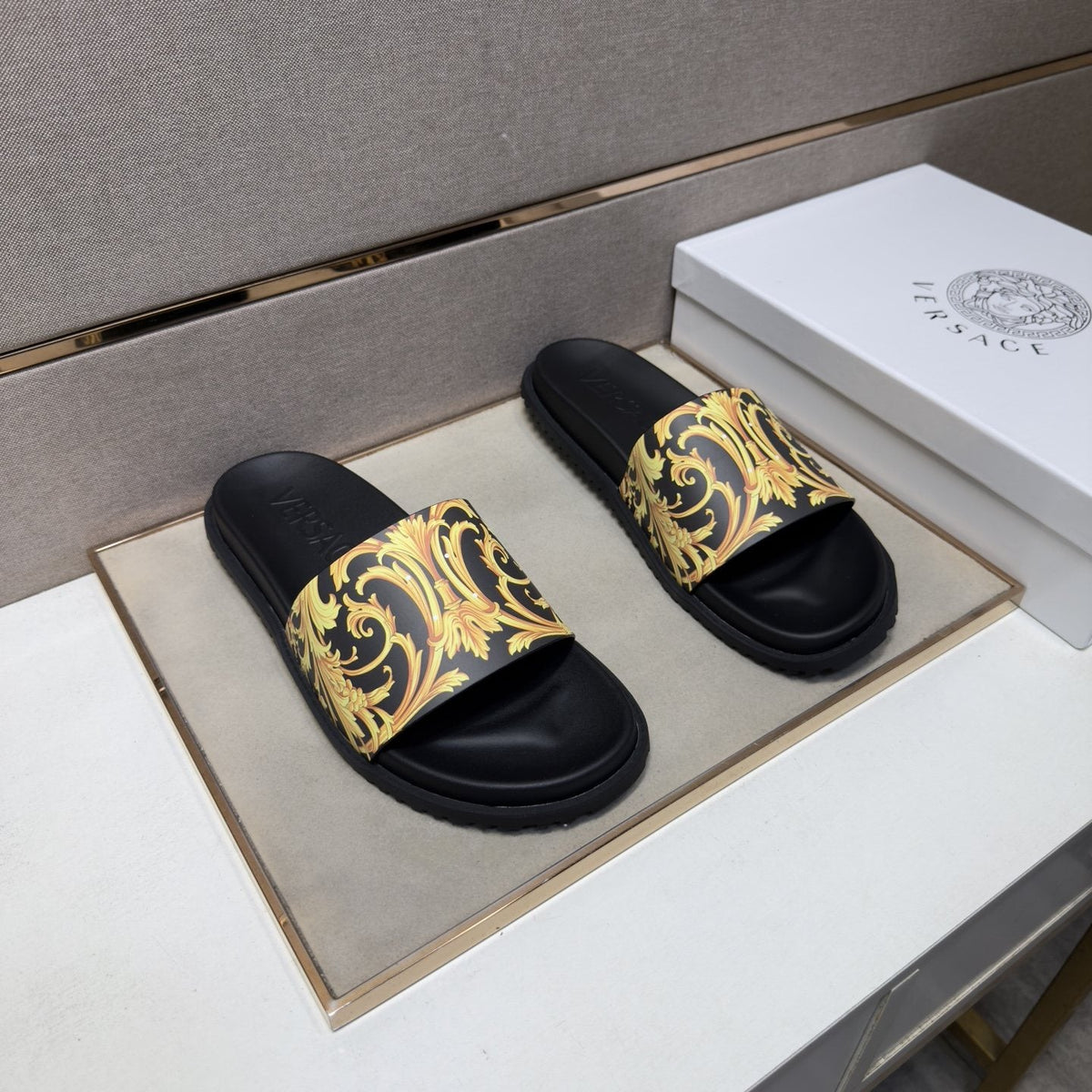 Versace Gold Patterned Strap Slide Sandals — front