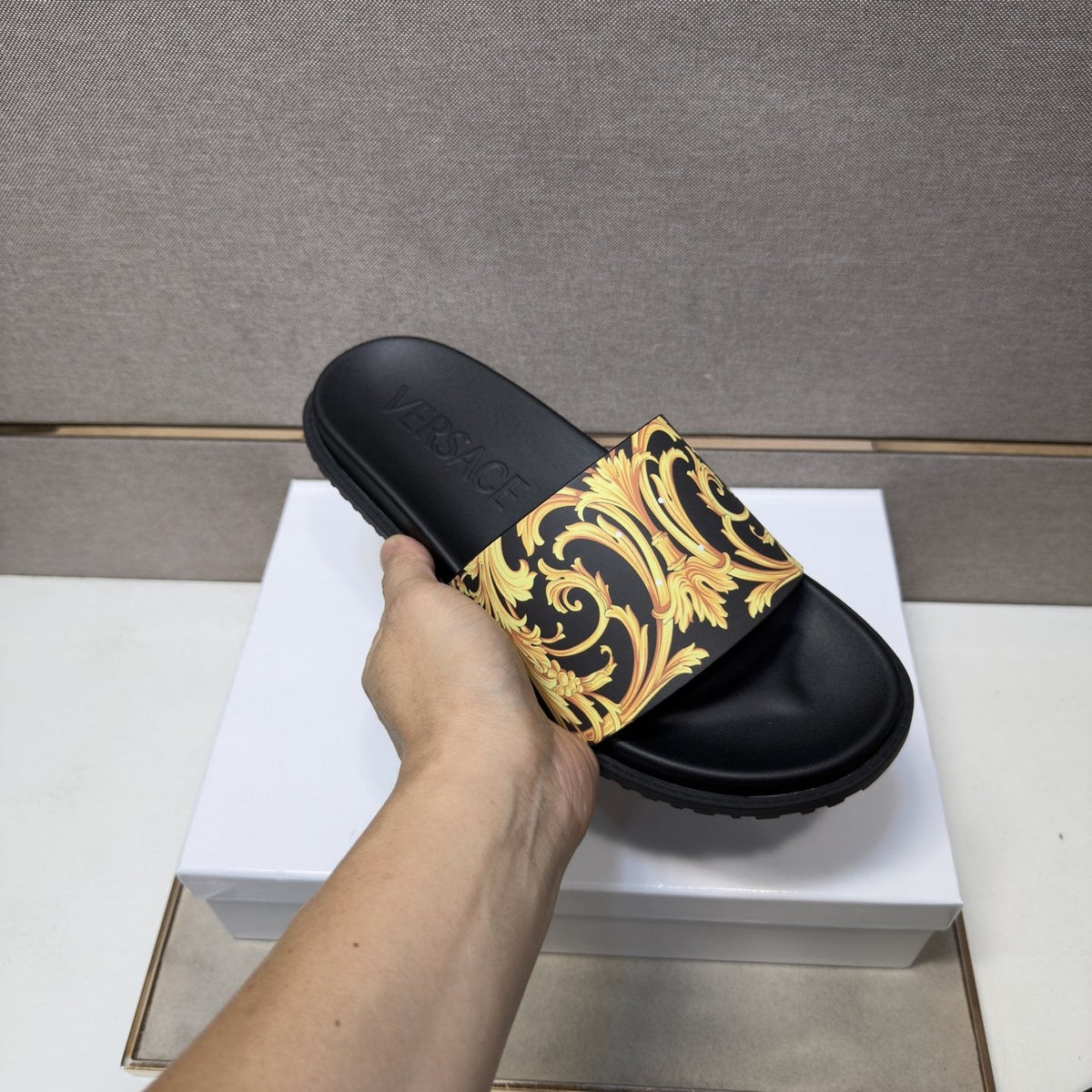 Versace Gold Patterned Strap Slide Sandals — detail