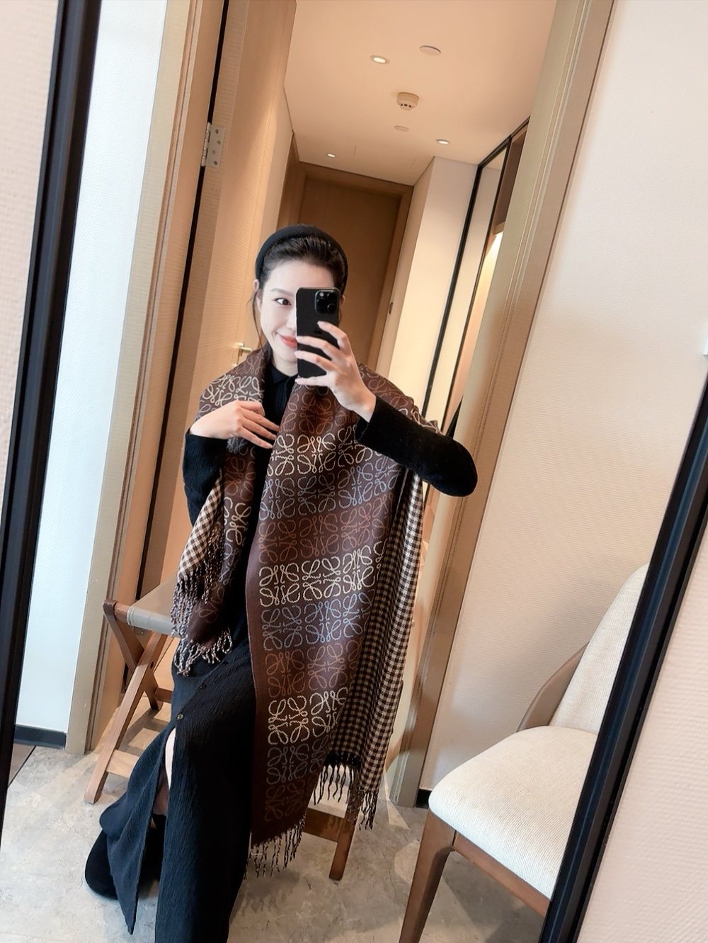 Reversible Fringed Patterned Scarf — model