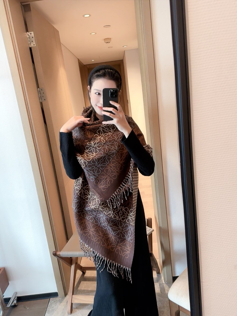 Reversible Fringed Patterned Scarf — model