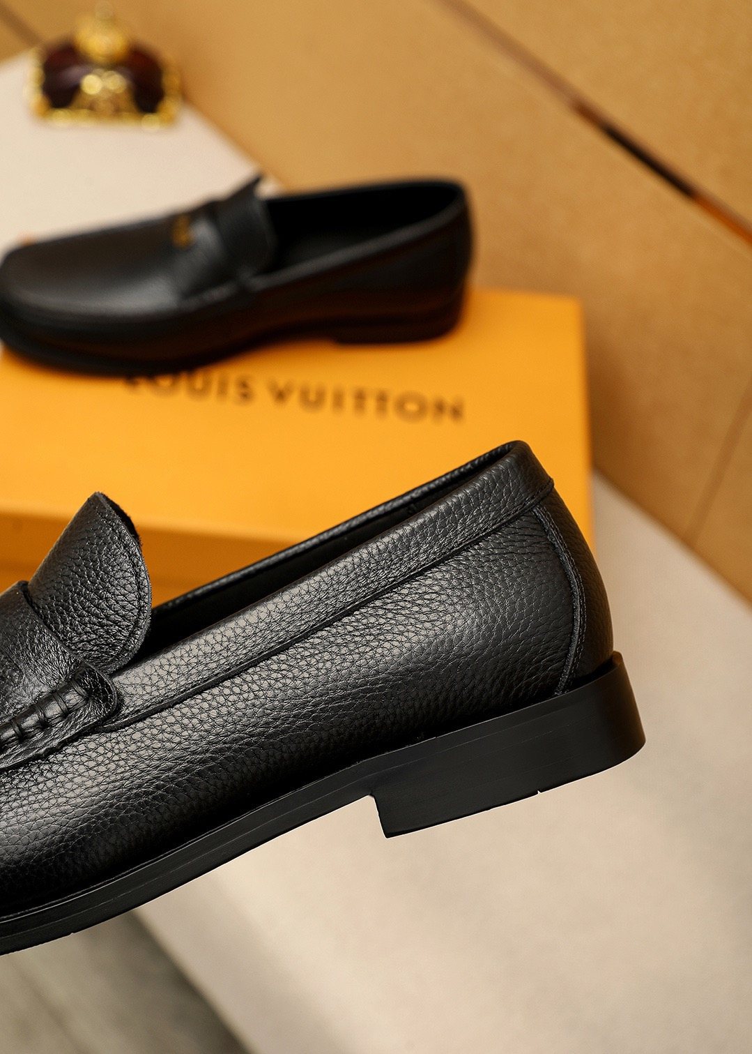 Louis Vuitton Black Pebbled Leather Loafers — side