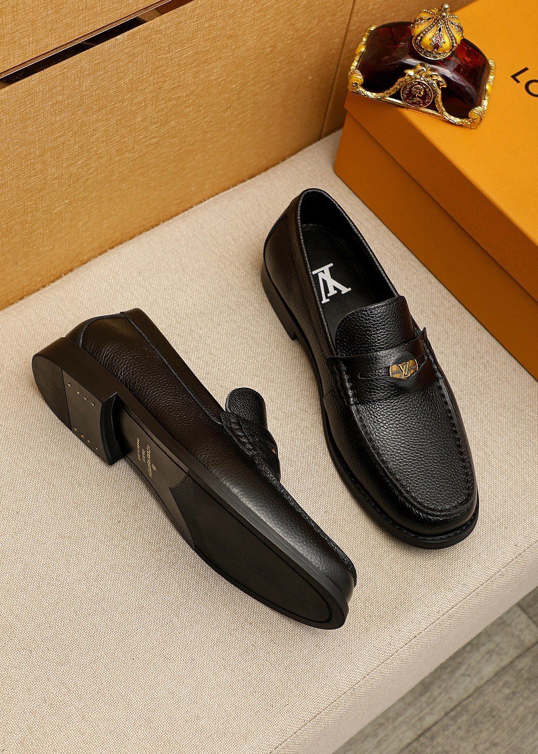 Louis Vuitton Black Pebbled Leather Loafers — front