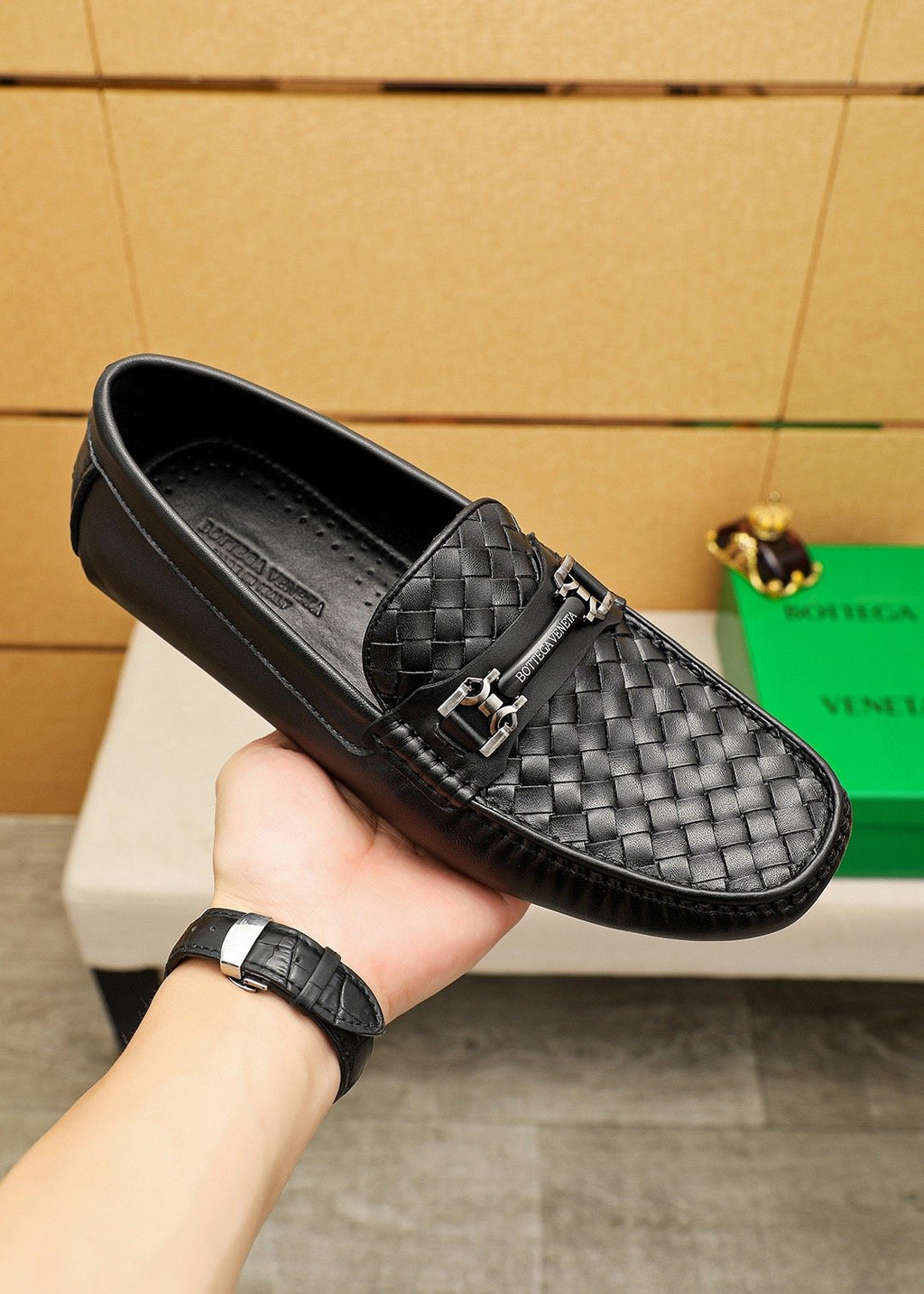 Bottega Veneta Black Woven Slip-On Loafers — model