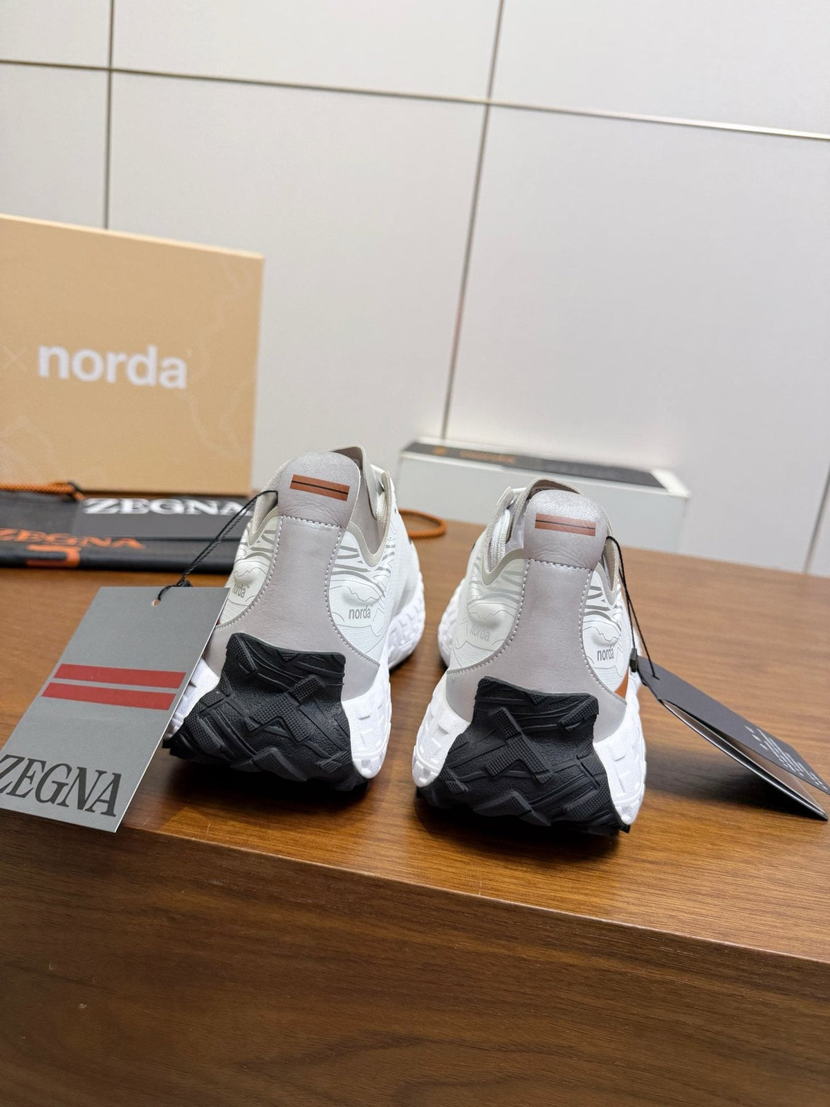 White Gray Brown Running Shoes — back