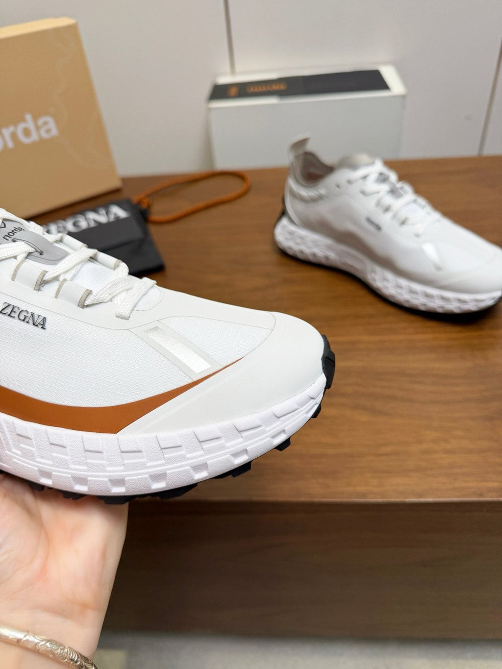 White Gray Brown Running Shoes — detail
