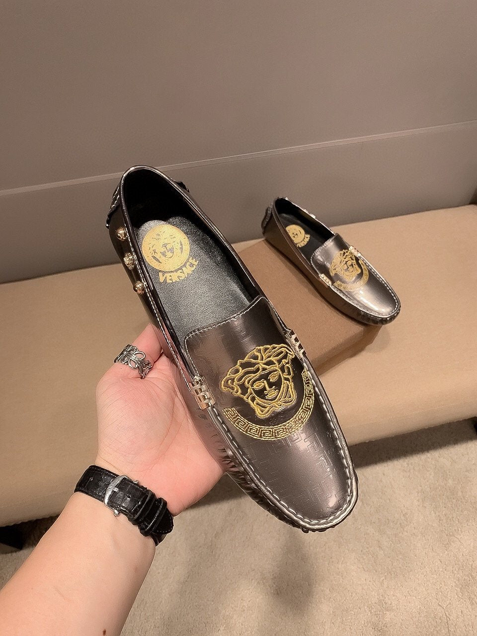 Versace Gunmetal Medusa Loafers — front