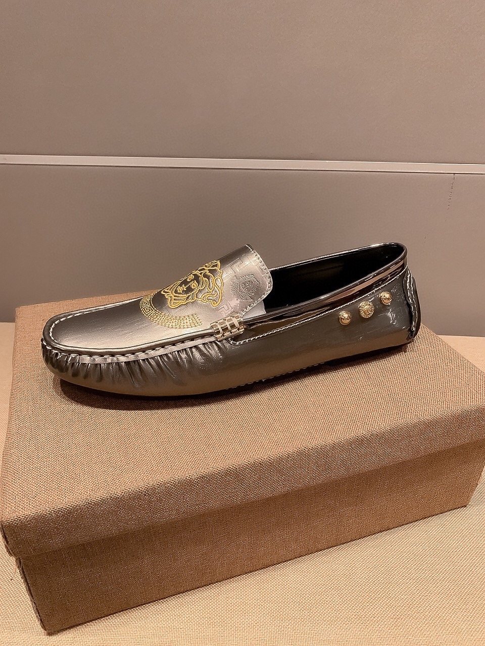 Versace Gunmetal Medusa Loafers — side