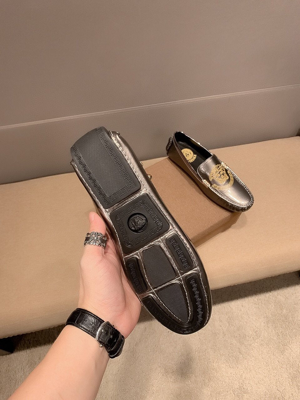 Versace Gunmetal Medusa Loafers — detail