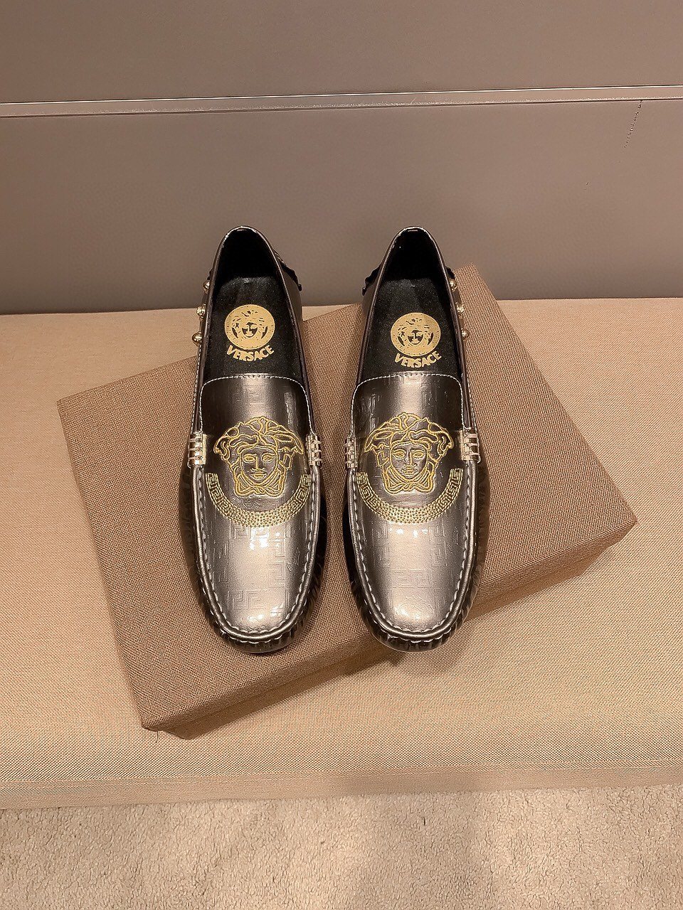 Versace Gunmetal Medusa Loafers — hero