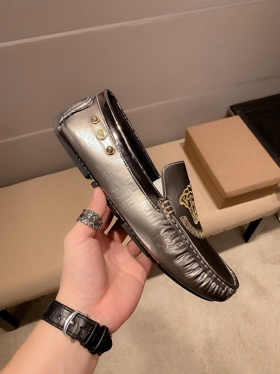 Versace Gunmetal Medusa Loafers — side