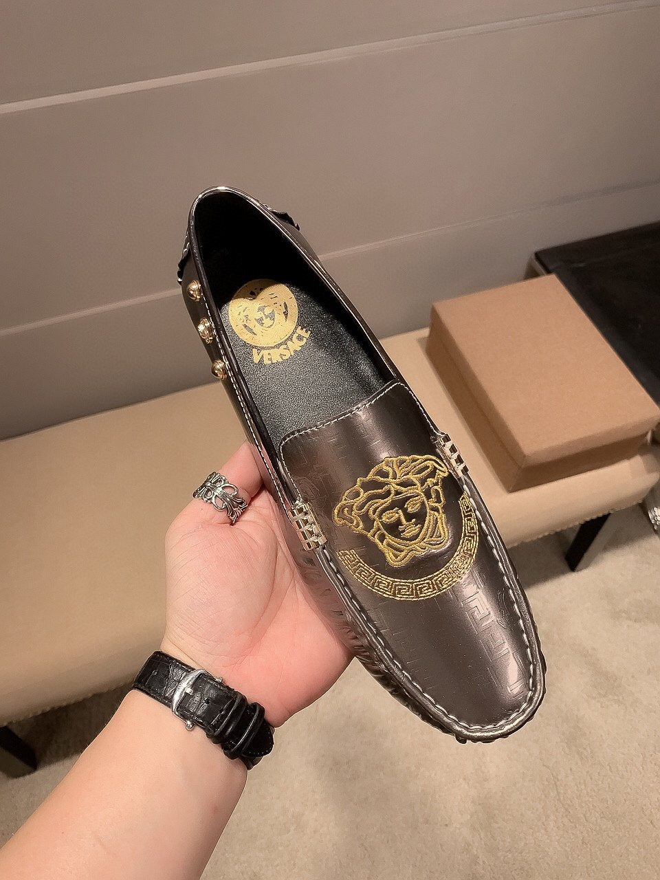 Versace Gunmetal Medusa Loafers — front