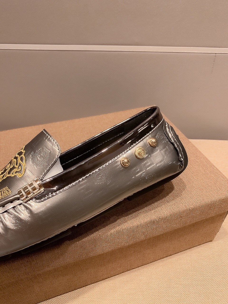 Versace Gunmetal Medusa Loafers — detail