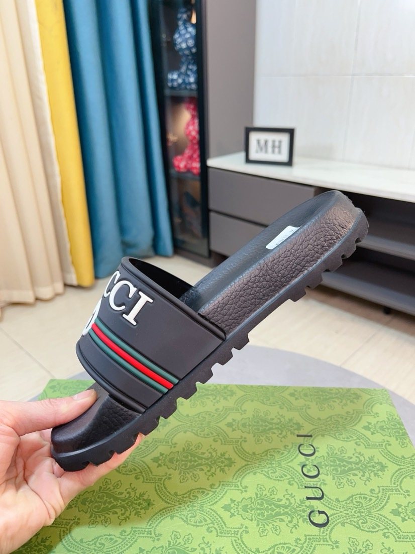 Gucci Striped Black Slide Sandals — side