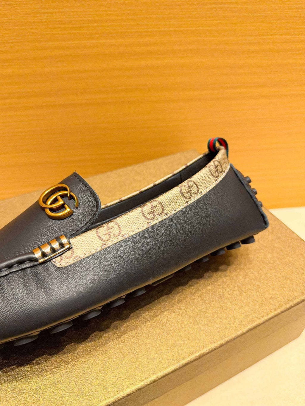 Gucci Black Loafers with Patterned Trim — detail