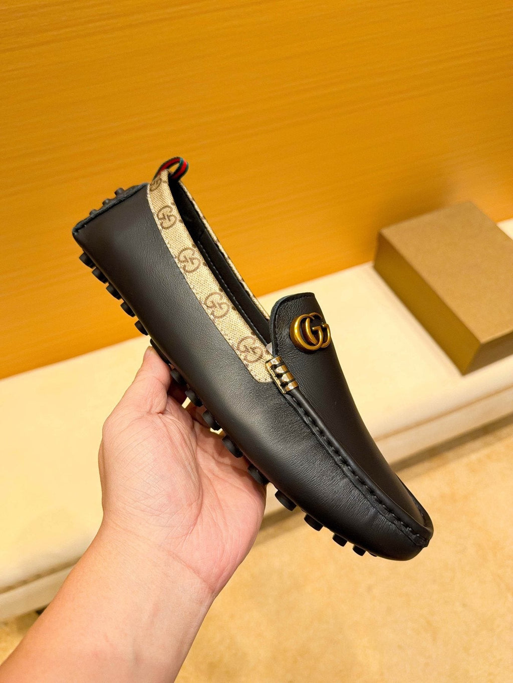 Gucci Black Loafers with Patterned Trim — side